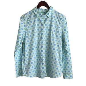 Croft & Barrow Women Top L Blue Geometric Print Button Up‎ Preppy Coastal Travel